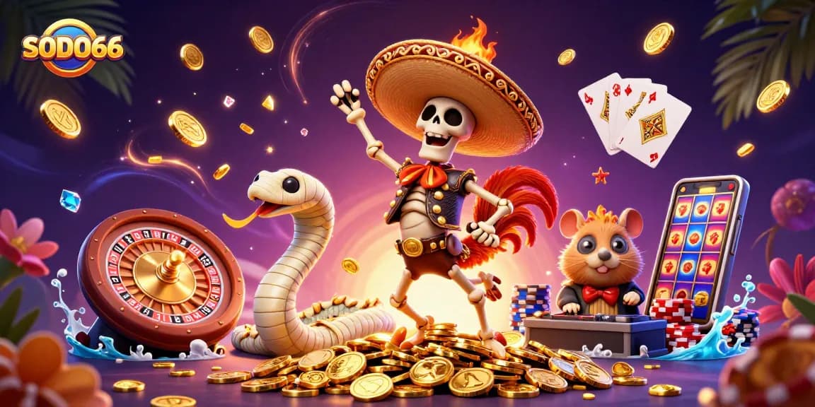Engage with thrilling action at SODO66, featuring a celebratory scene with vibrant casino elements.