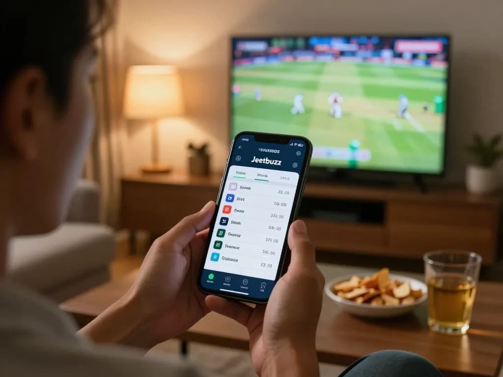 Engaging moment using the Jeetbuzz App for sports betting during a cricket match at home.