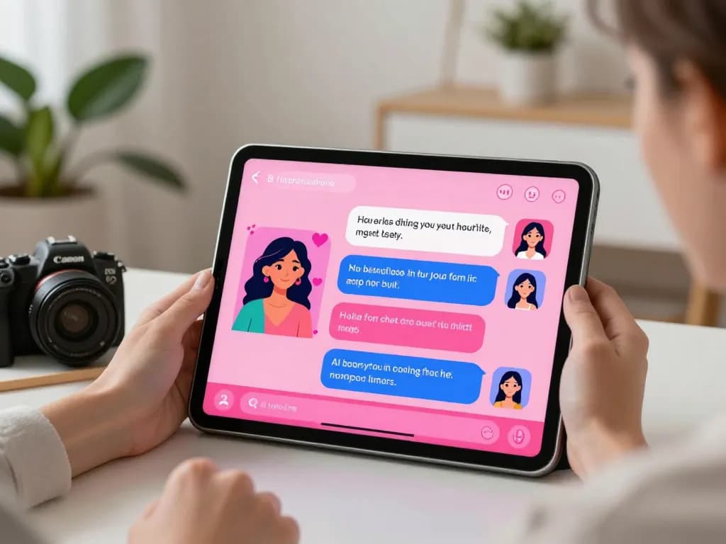 Engaging in AI sex chat on a tablet with customizable avatar and vibrant digital interface.