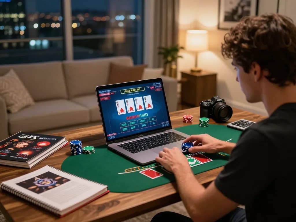 Engaging in a live dealer game on BETWIN4D from a cozy home office setup with vibrant cards and chips.