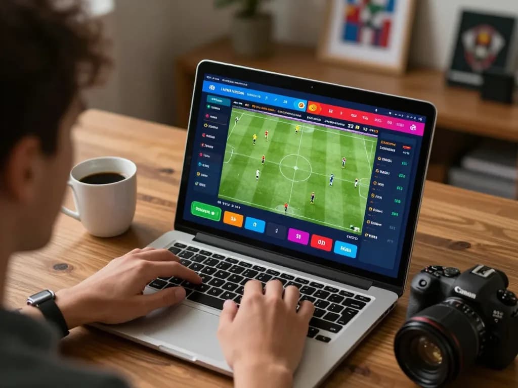 Engaging in sports betting on mposport with live odds displayed on laptop screen in cozy home setting.