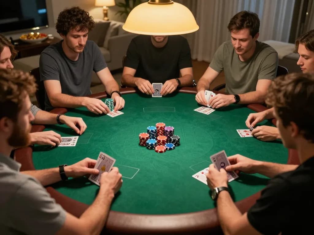 Experience Tr88 win with friends at a cozy poker night in this engaging home scene.