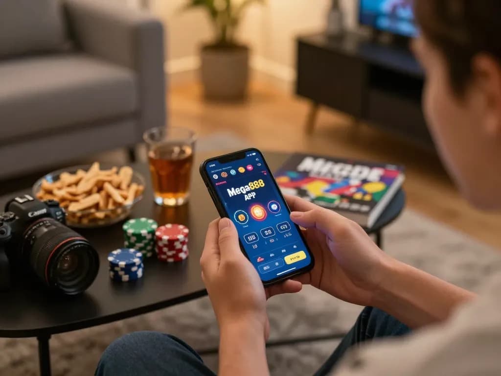 Engaged user playing Mega888 APK on smartphone, showcasing online gambling strategies
