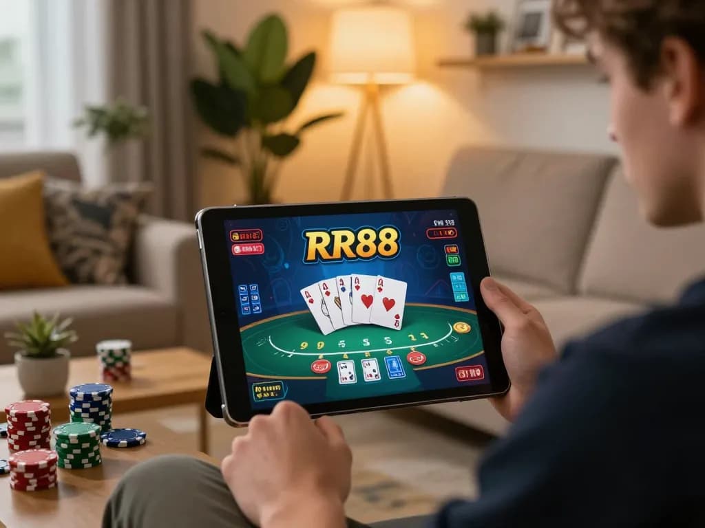Player engaging with RR88 online casino on tablet in a cozy living room setting.