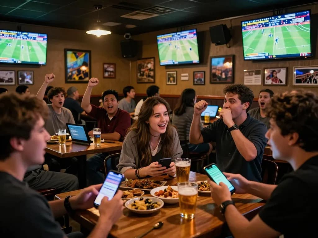 NET88 fans actively engaging with betting apps in a lively sports bar atmosphere