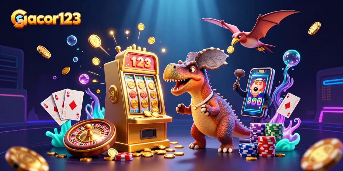Experience jackpot thrills with gacor123 as a pachycephalosaurus headbutts a golden slot machine.