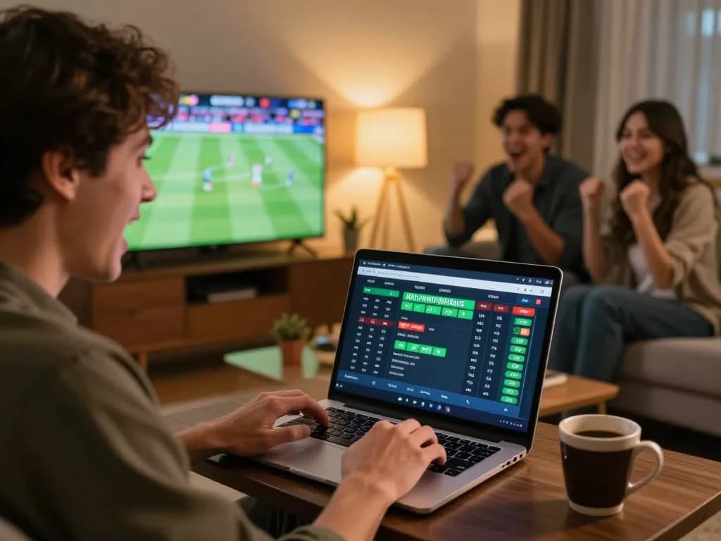 Engaged bettor analyzing odds on 68win while enjoying a sports game