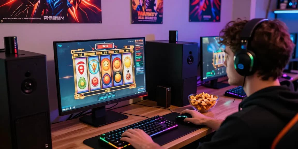 Menampilkan slot gacor hari ini dengan pemain fokus pada mesin slot di komputer, suasana nyaman dan menyenangkan.