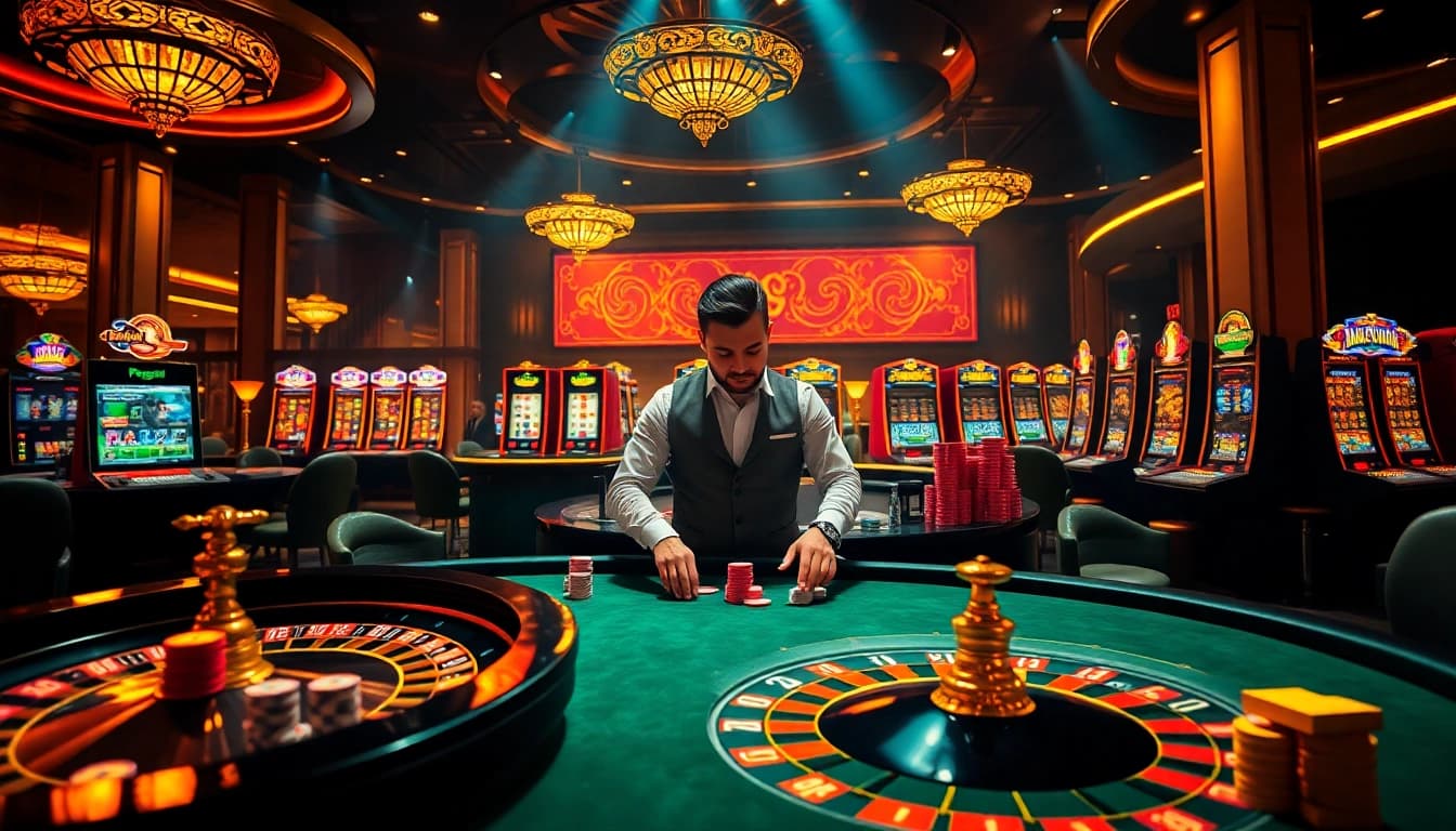 Players enjoying a thrilling gaming experience at renowned casino https://kong88.win with poker chips and a roulette wheel.