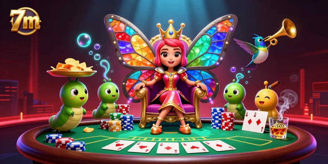 Experience thrilling poker action with 7m as the cartoon butterfly queen oversees the colorful gaming scene.