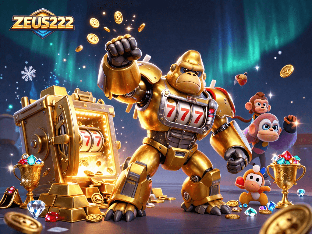 Experience thrilling gameplay at ZEUS222 with a golden gorilla mech surrounded by treasures!