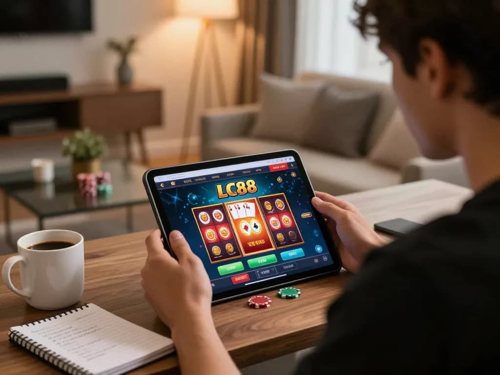 Player engages with LC88's online casino platform, showcasing strategic gameplay at home.
