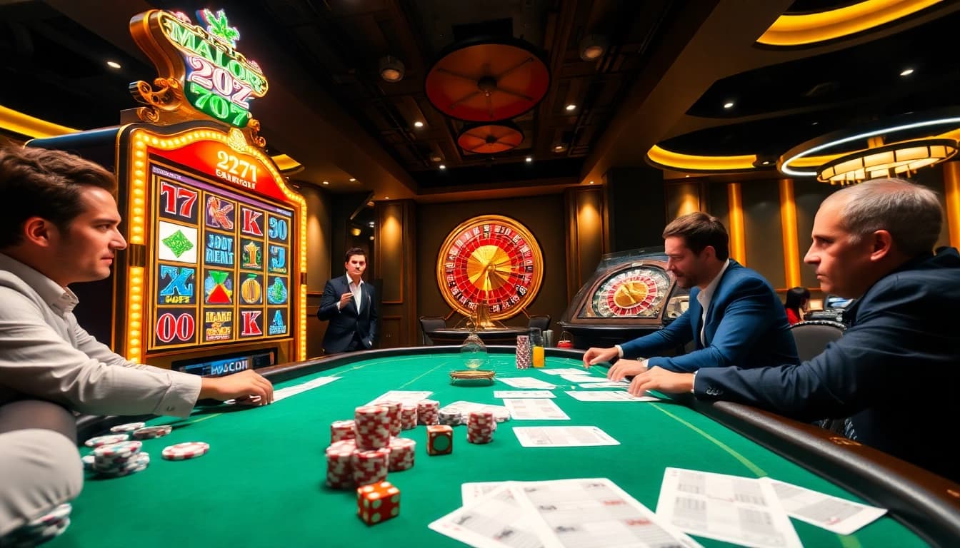 Winning players at a glowing slot777 machine in an upscale casino.