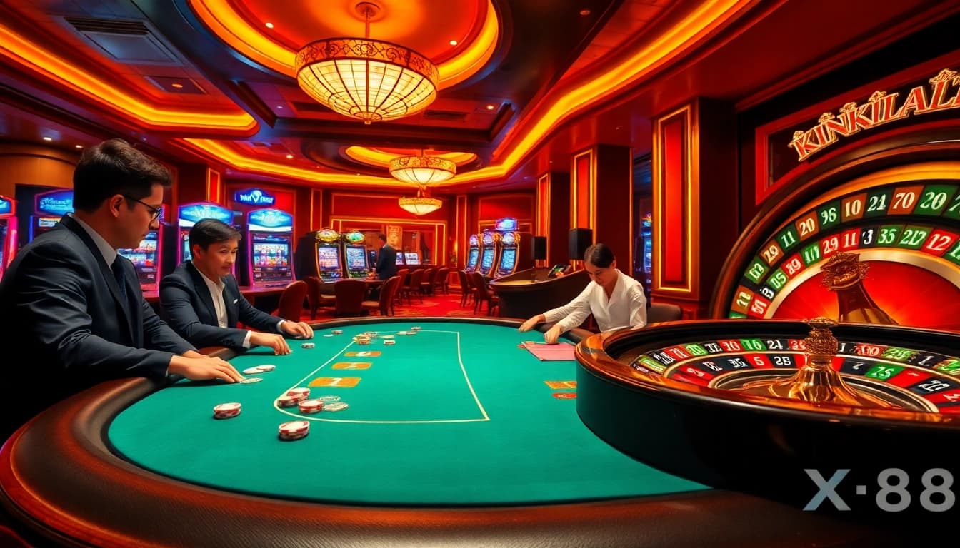 XX88 players enjoying a thrilling poker game in a luxurious casino setting.