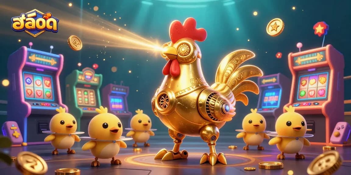 เล่นสล็อตในโลกเสมือนจากภาพ 3D ที่มีไก่ทองคำอวกาศและลูกเจี๊ยบ