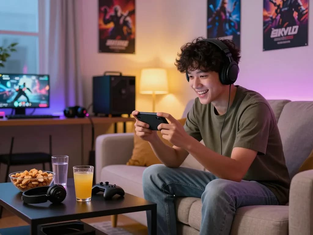 Exciting gaming experience at home with rikvip tải on mobile device, showcasing a cozy atmosphere and modern gaming setup.