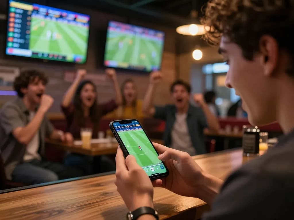Person placing a live bet on goal123 during an exciting football match, showing dynamic sports betting atmosphere.