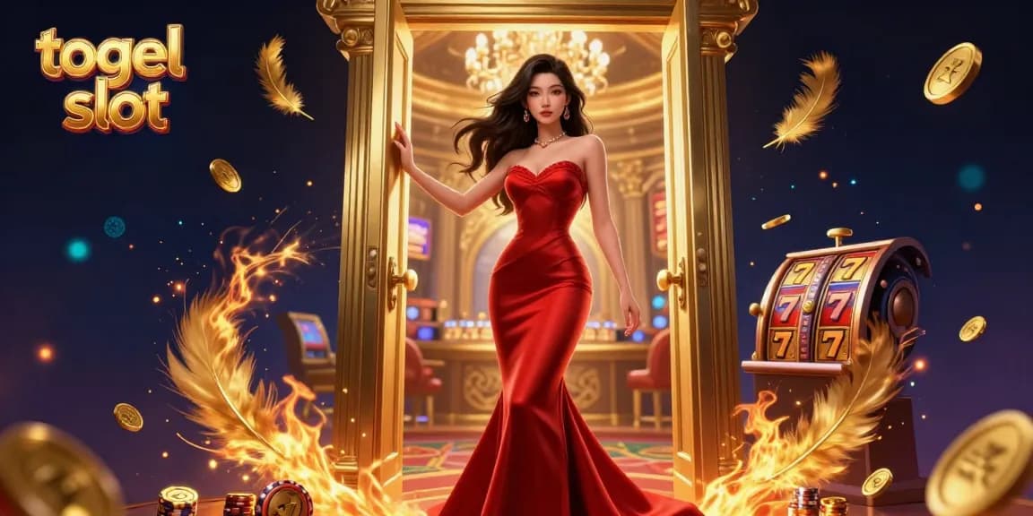 Experience the excitement of togel slot as a beautiful model stands in an elegant casino doorway.