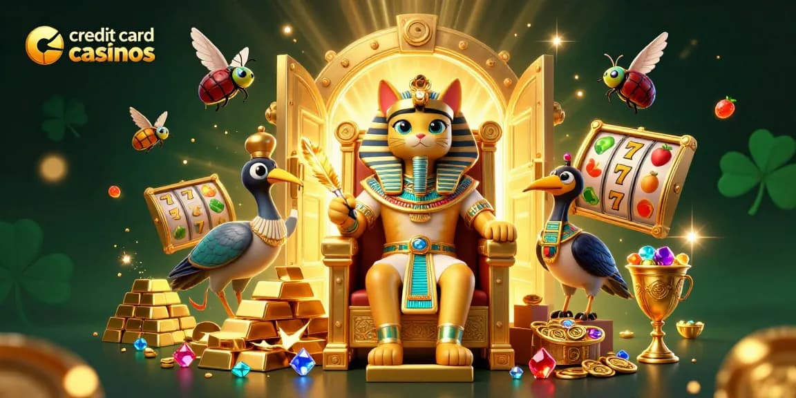 Experience the excitement of credit card casinos with vibrant slot reels, gold treasures, and regal characters.