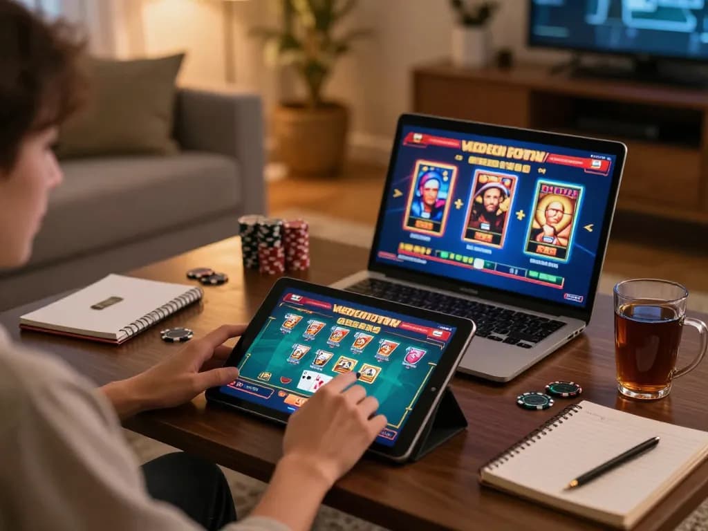 Koleksi situs toto ditampilkan di tablet selama sesi perjudian daring di suasana rumah yang nyaman, mempromosikan permainan yang bertanggung jawab.