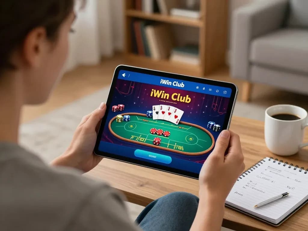 Engaging online gameplay with iwin club app on tablet in cozy home setting.