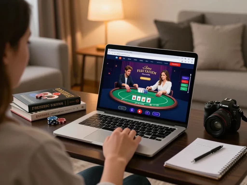 Engage in Bsport online poker gameplay with cozy living room setup and strategic notes