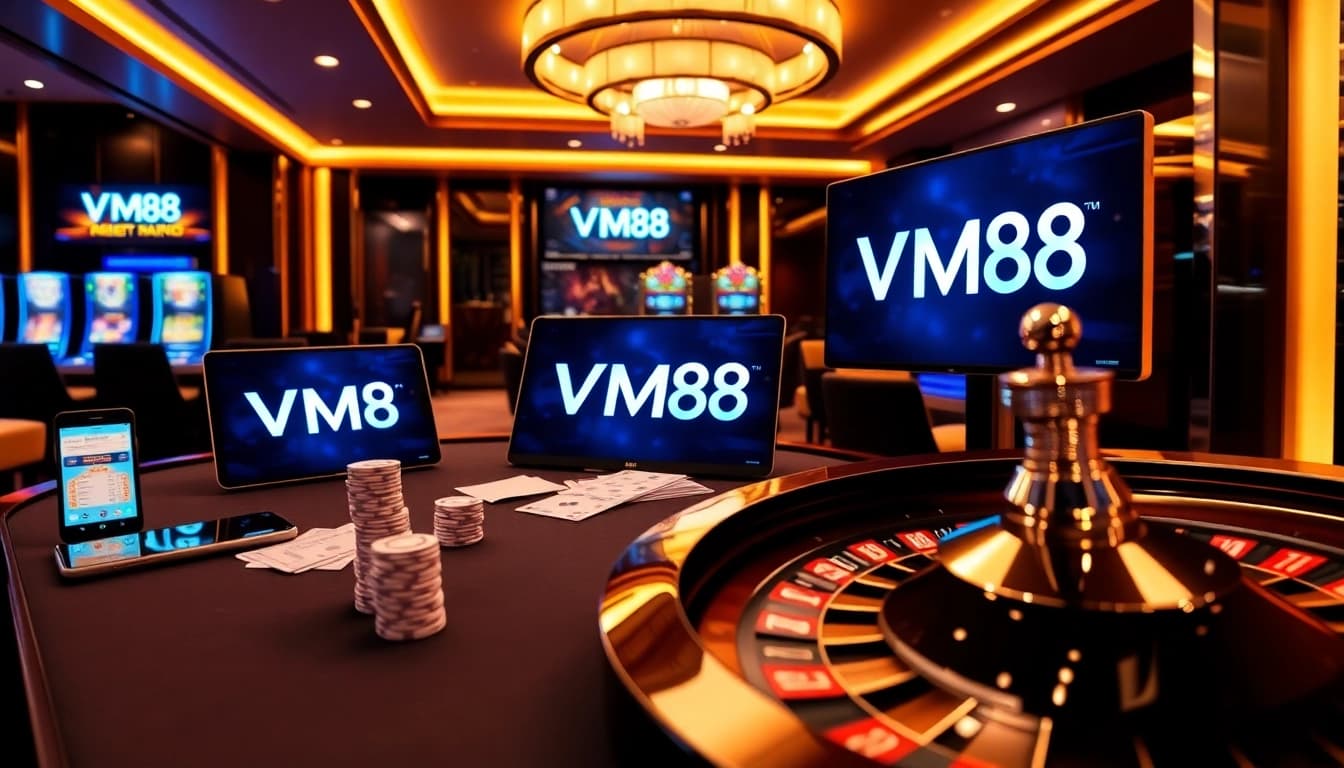 VM88 online casino interface displaying dynamic poker and roulette gameplay with vibrant chips and betting actions