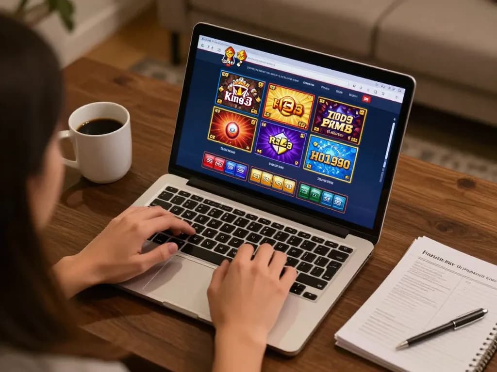 Person engaging with king33 online casino on laptop, showcasing gaming strategy and excitement.