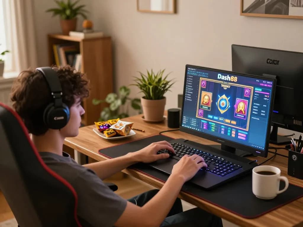 Engaged player using Dash88 for online gaming on a laptop at home, warm cozy atmosphere.