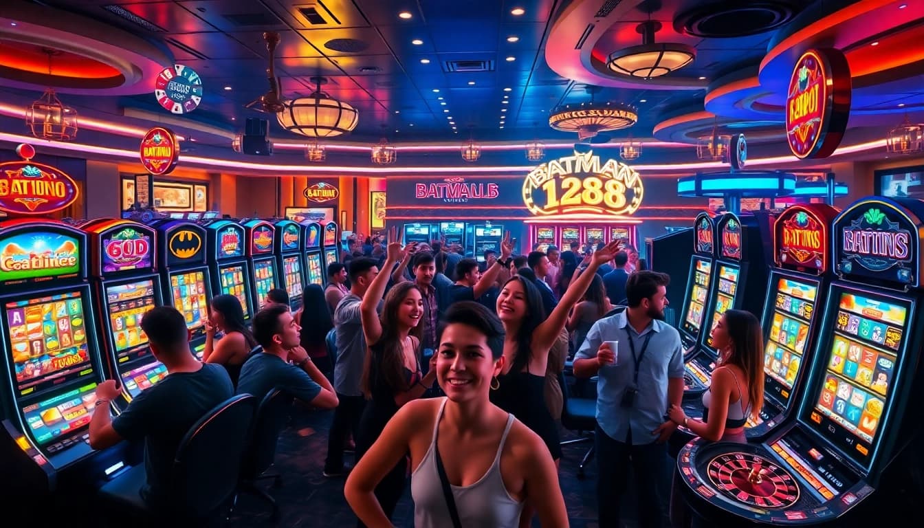 Experience the excitement of winning at Batman138 with vibrant slot machines and thrilled players celebrating their jackpots.