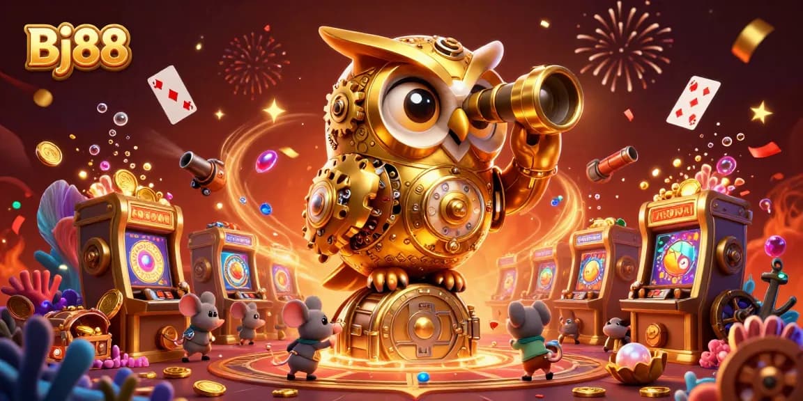 Bj88 awakens the thrill of gaming with a lively 3D casino scene alive with characters and game elements.