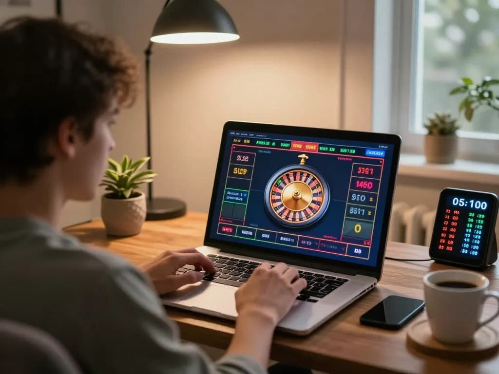 Engaging in CM88 roulette gameplay on a laptop, showcasing responsible gaming practices.