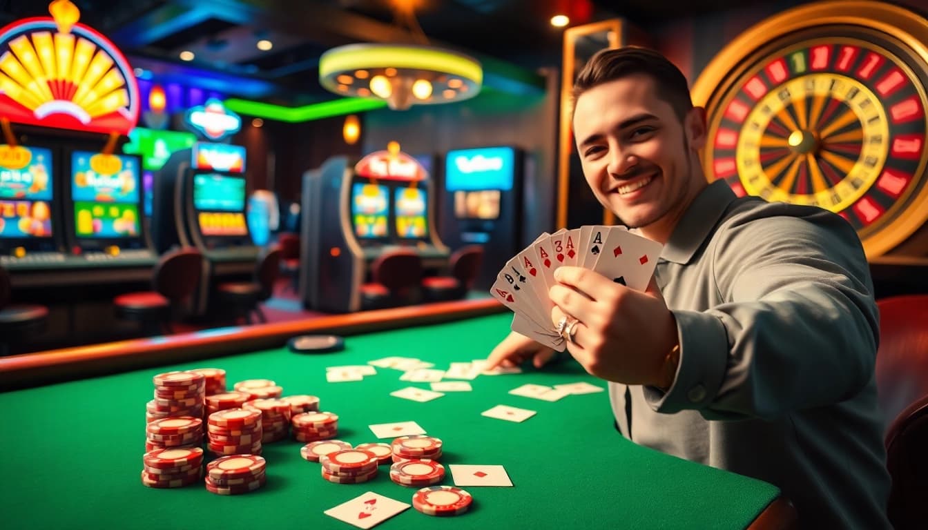 Gamble and win big at f168, showcasing a luxurious casino table filled with vibrant poker chips and cards.