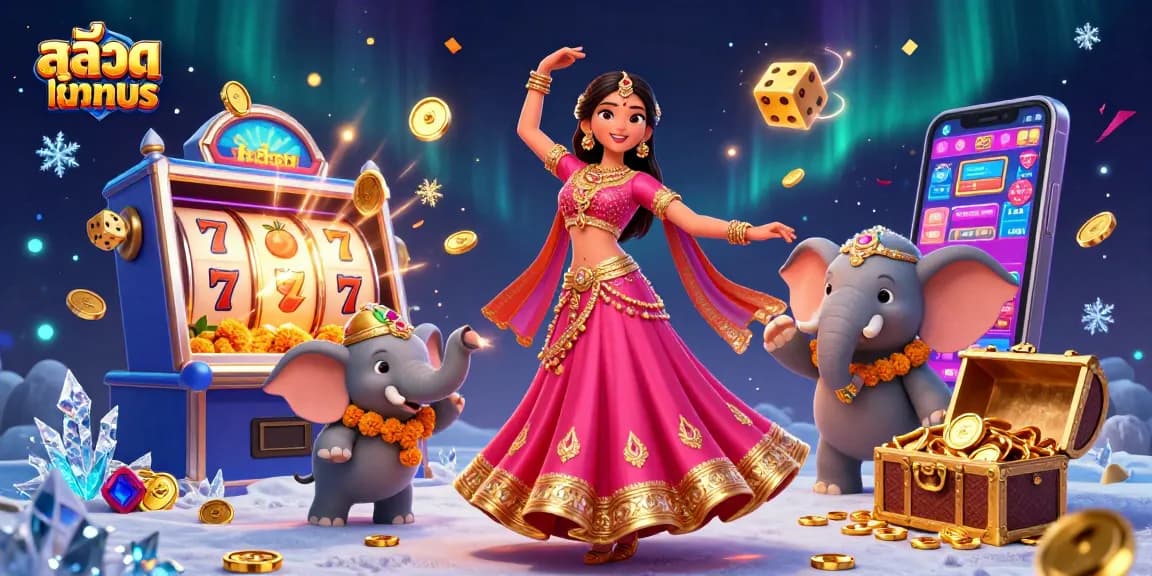 Spin the สล็อตทดลอง slots with a vibrant Indian woman and bejeweled elephant amidst jackpot excitement.