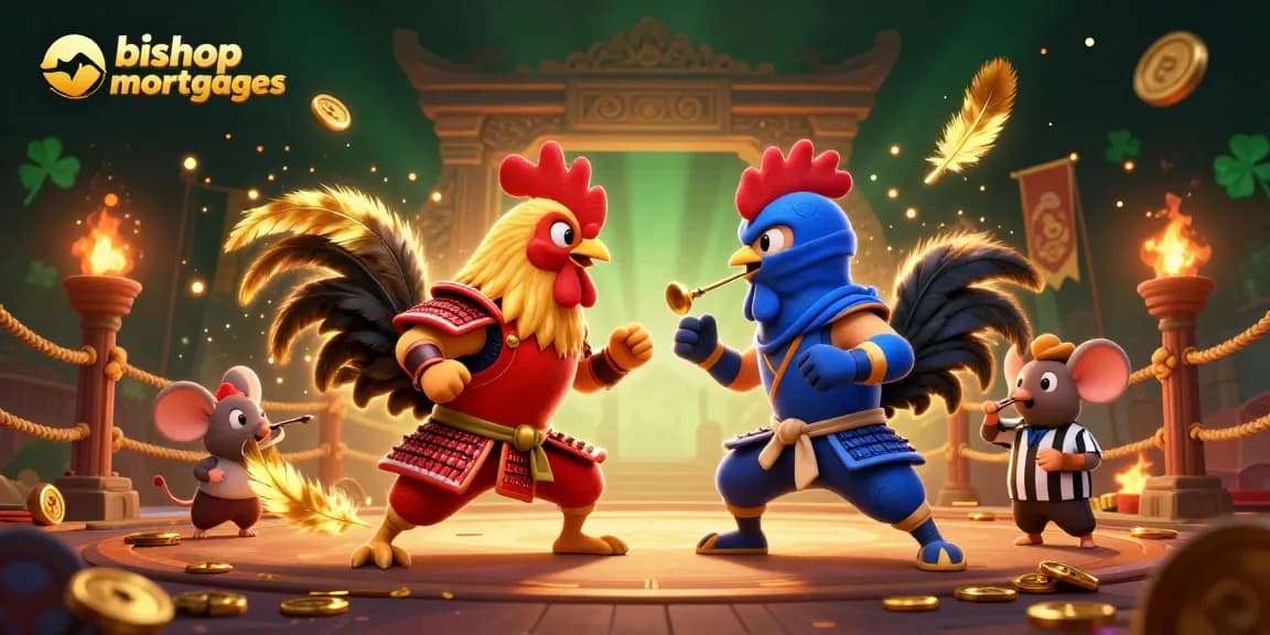 Engage with thrilling cockfighting action at bishopmortgages featuring dramatic roosters in vibrant armor.