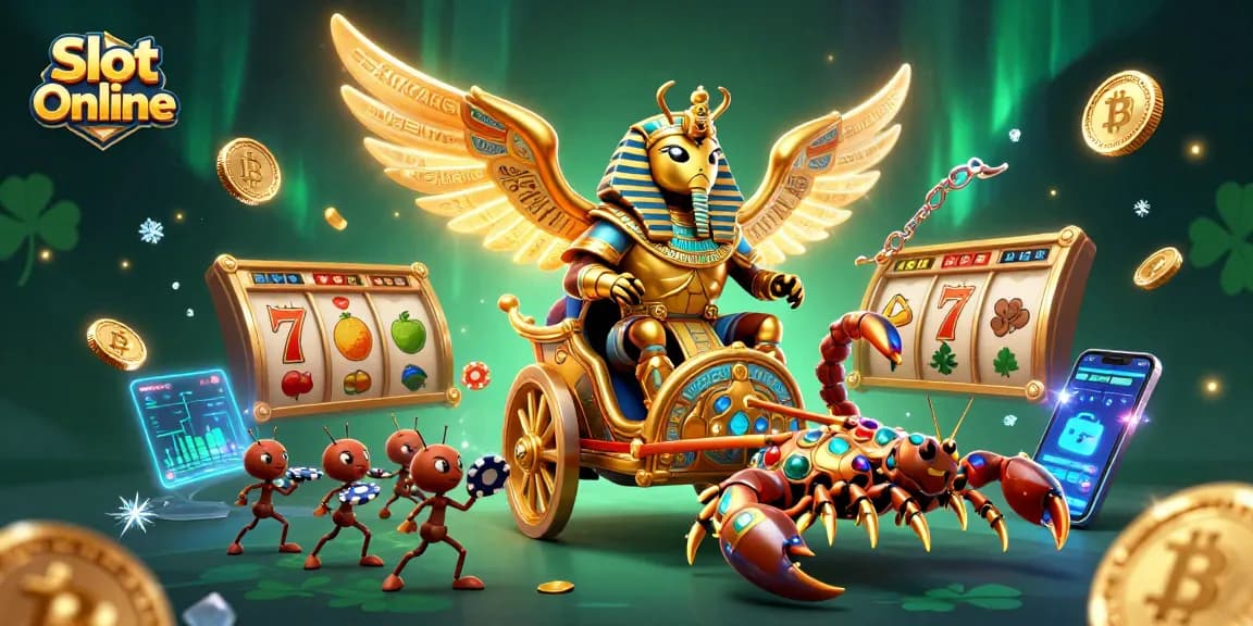 Experience thrilling Slot Online adventures with a colossal scarab and jewel scorpions in a vibrant 3D scene.
