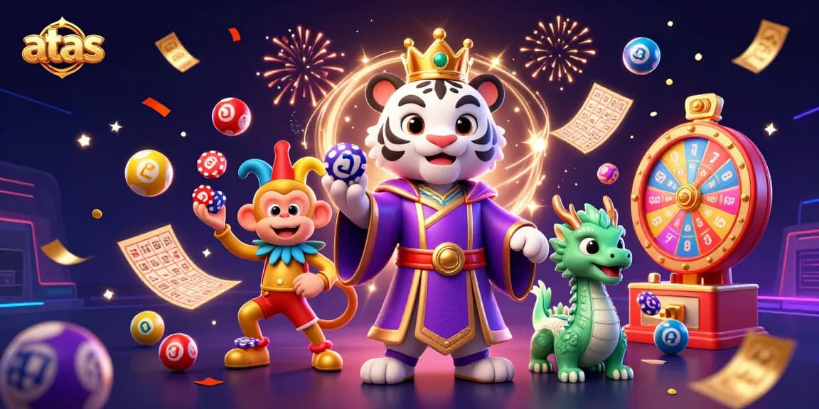 Spin and win with the vibrant atmosphere at ATAS Casino, showcasing lively characters and colorful lottery elements.