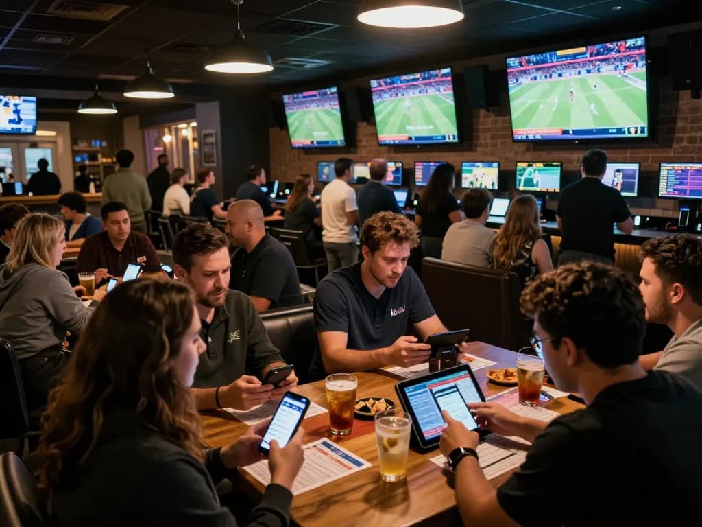 Kuwin users intensely tracking live sports bets and game updates in a lively betting environment