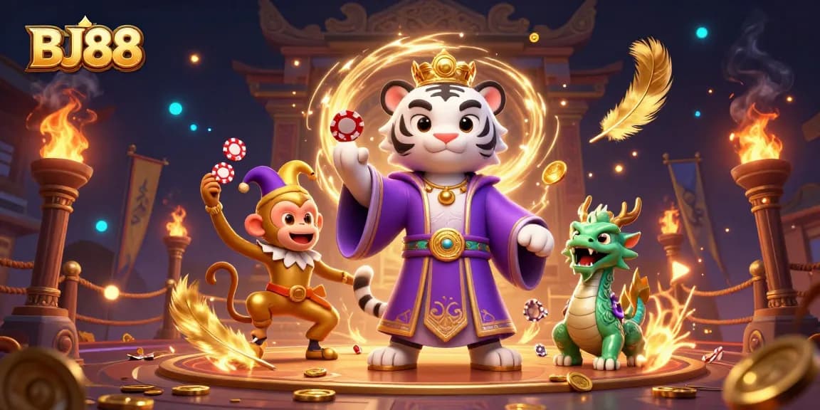 Experience thrilling gaming with BJ88, featuring vibrant casino elements and dynamic characters.