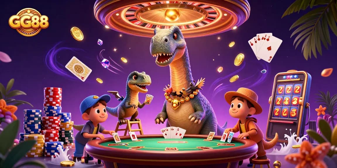 GG88 showcases a lively 3D casino scene with vibrant characters, cards, and sparkling gems.