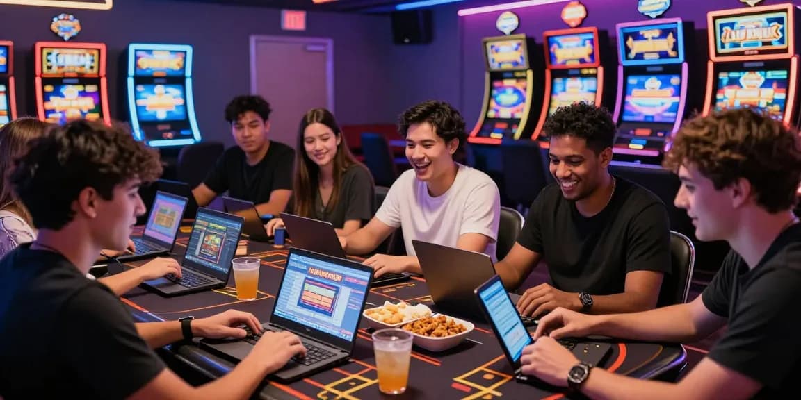 Friends enjoying ngamenjitu platform in vibrant gaming lounge with excitement.