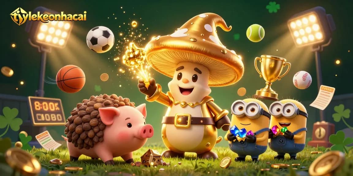 Enhance your betting strategy with tylekeonhacai's vibrant 3D wizard-themed illustration filled with dynamic sports elements.