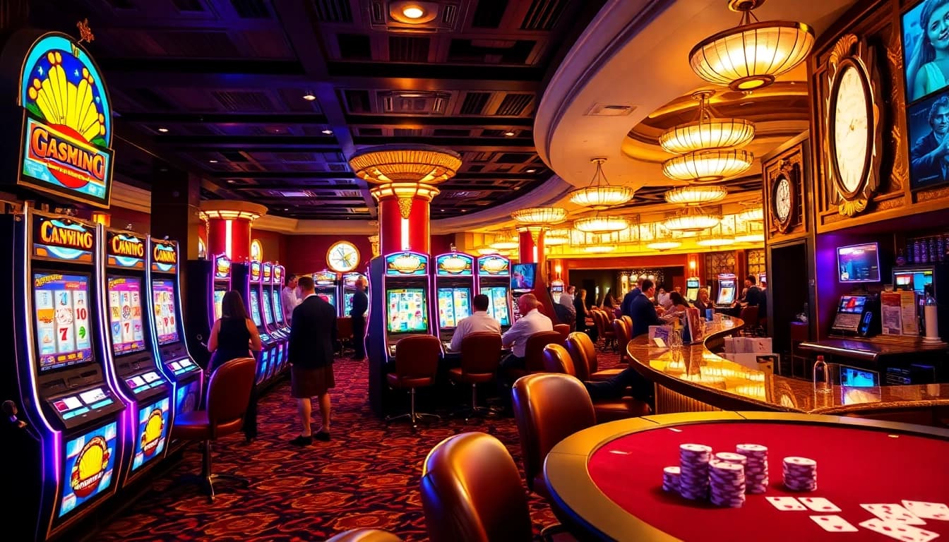 Players enjoying vibrant slot machines in a luxurious casino atmosphere, evoking excitement.