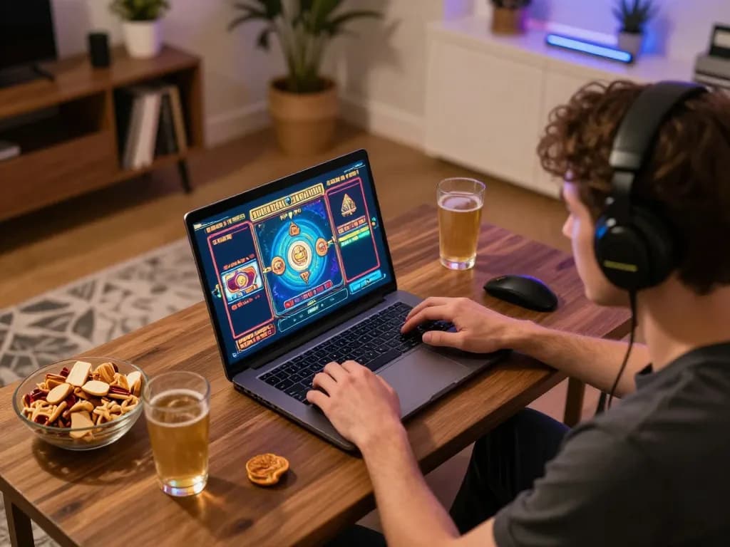 Playing situs slot online from a cozy home setup with engaging graphics and snacks visible