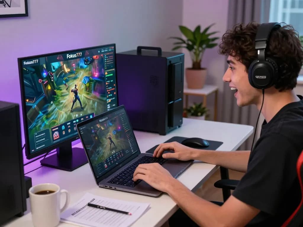 Player enjoying Fokus777 online slots on a laptop with strategic notes nearby, creating an engaging gaming atmosphere