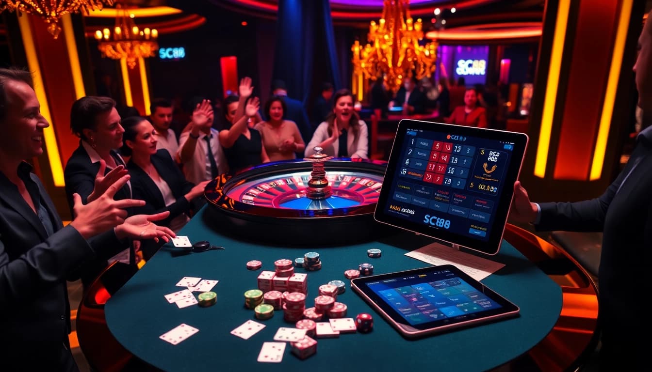 Engaging players experiencing SC88 at a luxurious casino table with chips and cards.