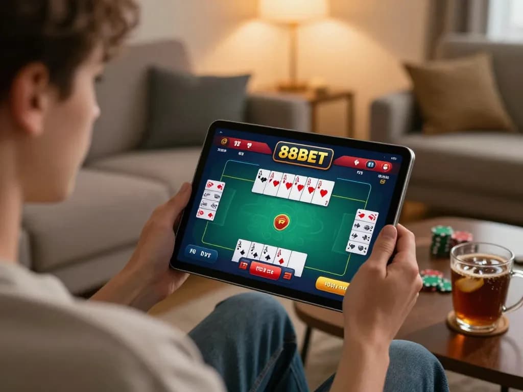 88BET online gaming setup with an engaging poker interface illustrating a player’s strategic decisions at home.