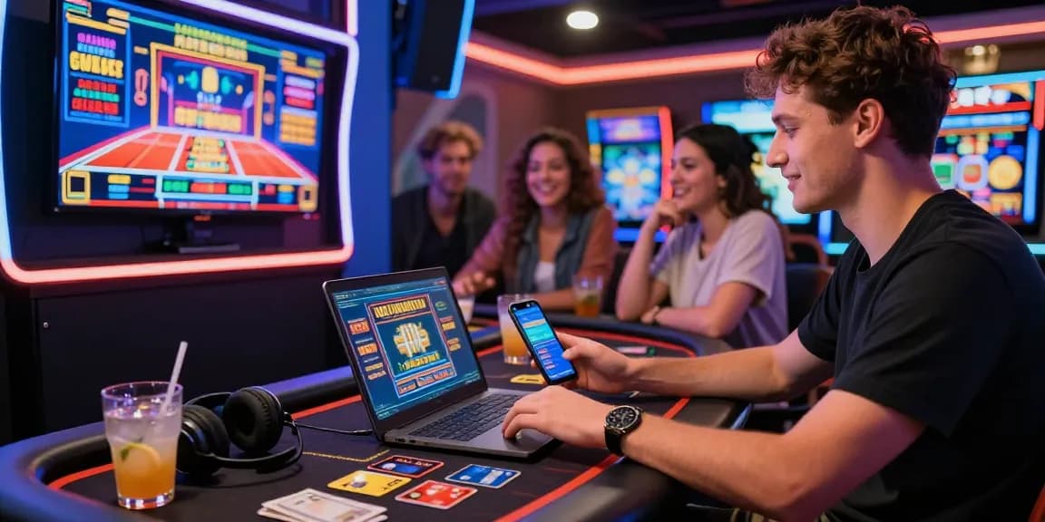 Player at a stylish desk enjoying slots at casinos that accept credit cards with colorful graphics and dynamic atmosphere.