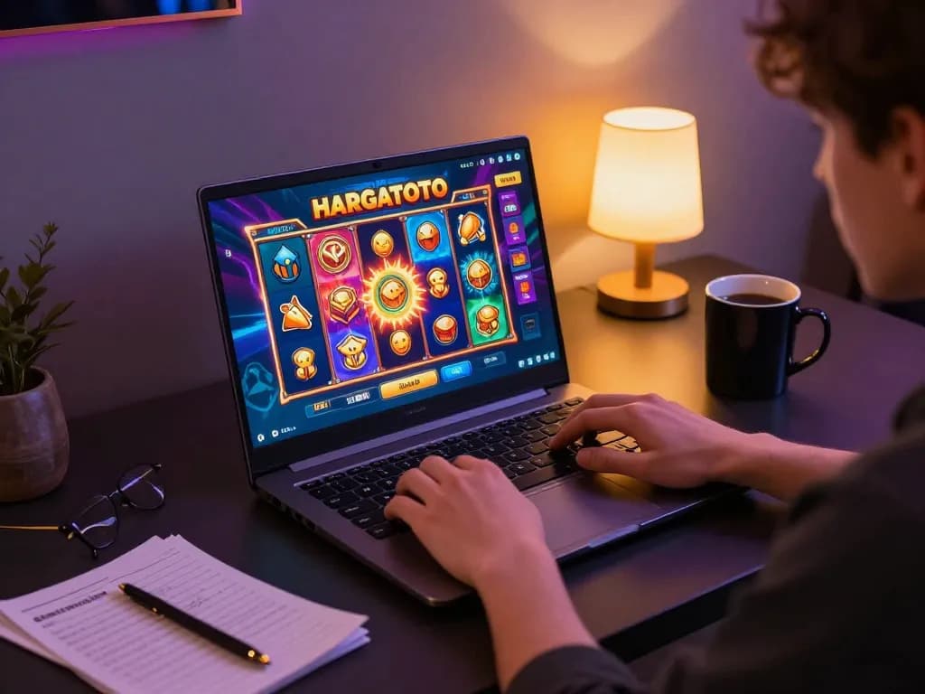 Berpartisipasi dalam slot online HARGATOTO dengan grafik yang hidup di layar laptop di pengaturan permainan rumah