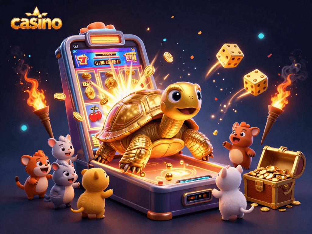 Excited players engage with a colorful casino environment featuring golden tortoise and a jackpot slot machine
